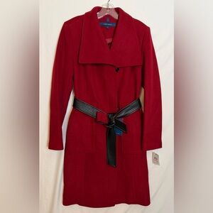 Cole Haan Women’s Belted Coat Wool with Cuff Details, Size 6, Red